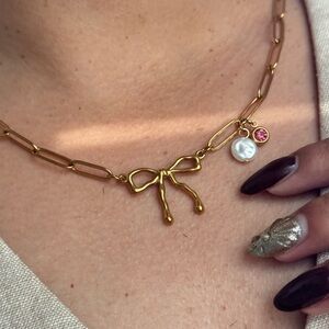 Gold Bow Necklace with Pearl and Pink Charm